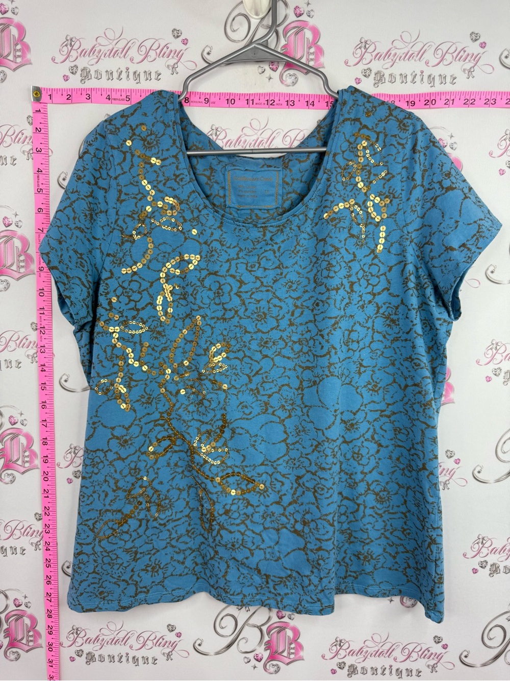 Coldwater Creek tshirt Teal Blue Short Sleeve Top with Gold Sequin Floral Accent
